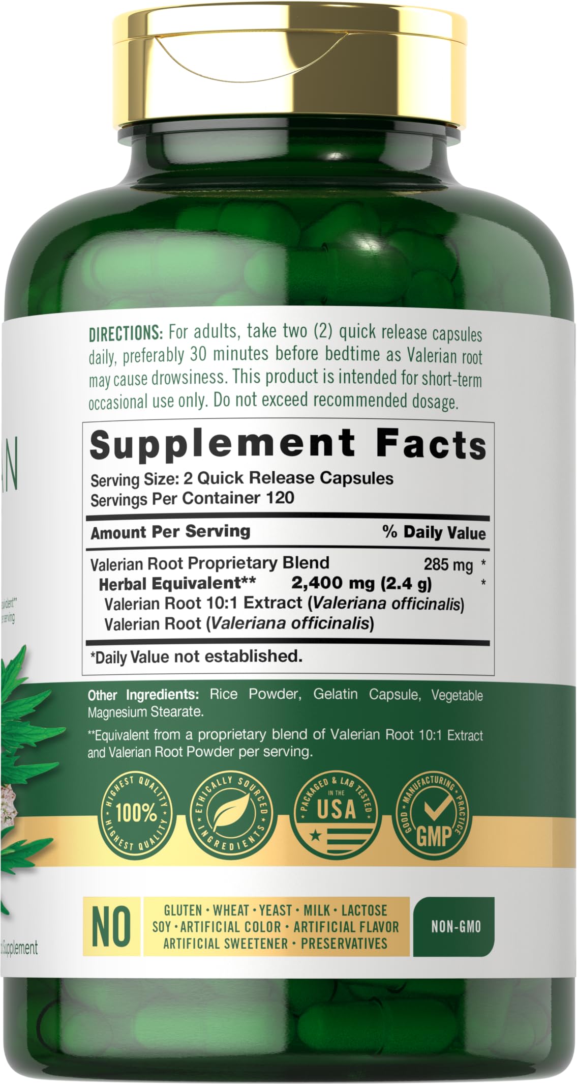 Carlyle Valerian Root Capsules label showing ingredient details for informed nightly routines