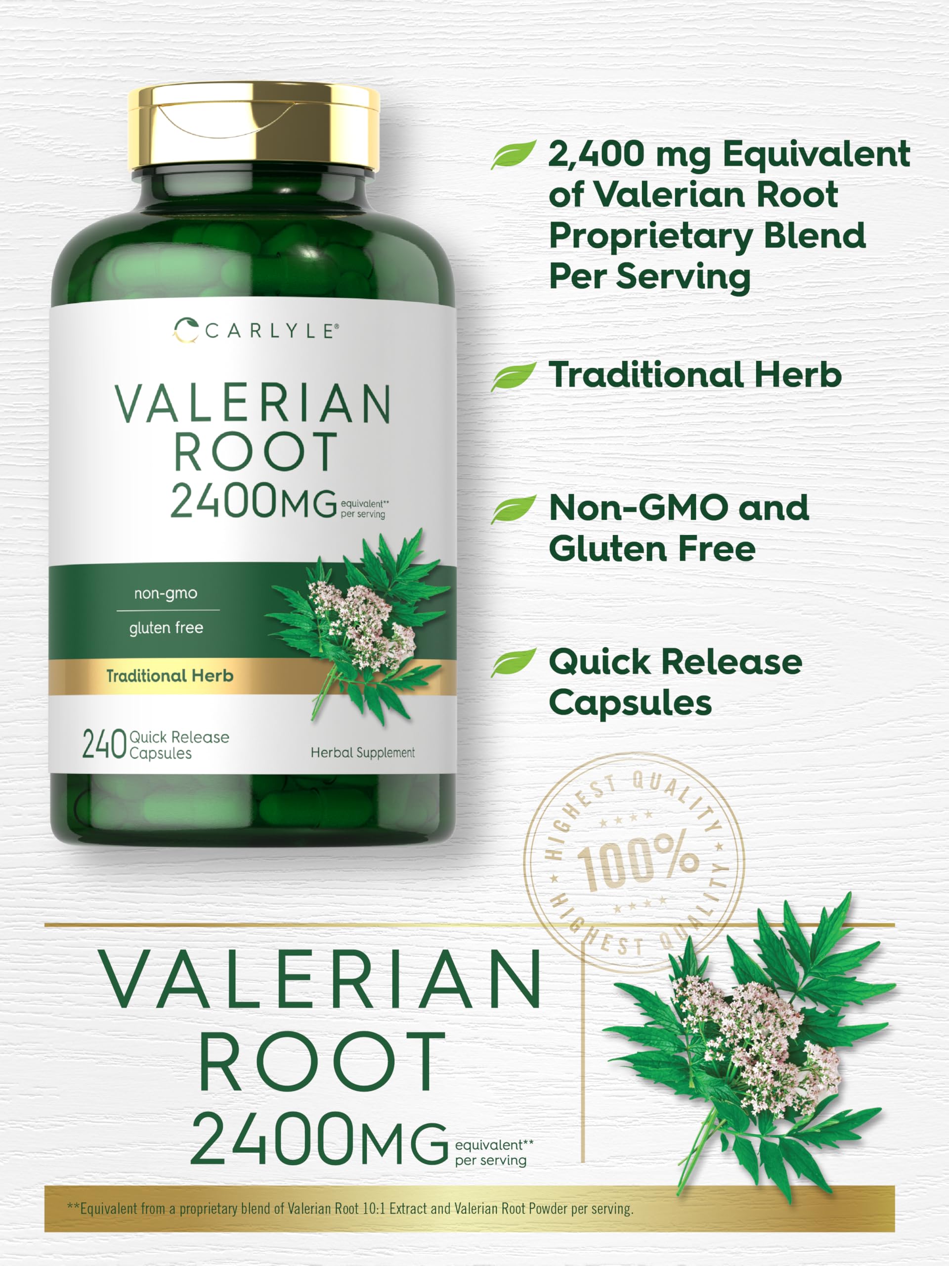 Carlyle Valerian Root Capsules packaging box emphasizing clean, non-GMO formula