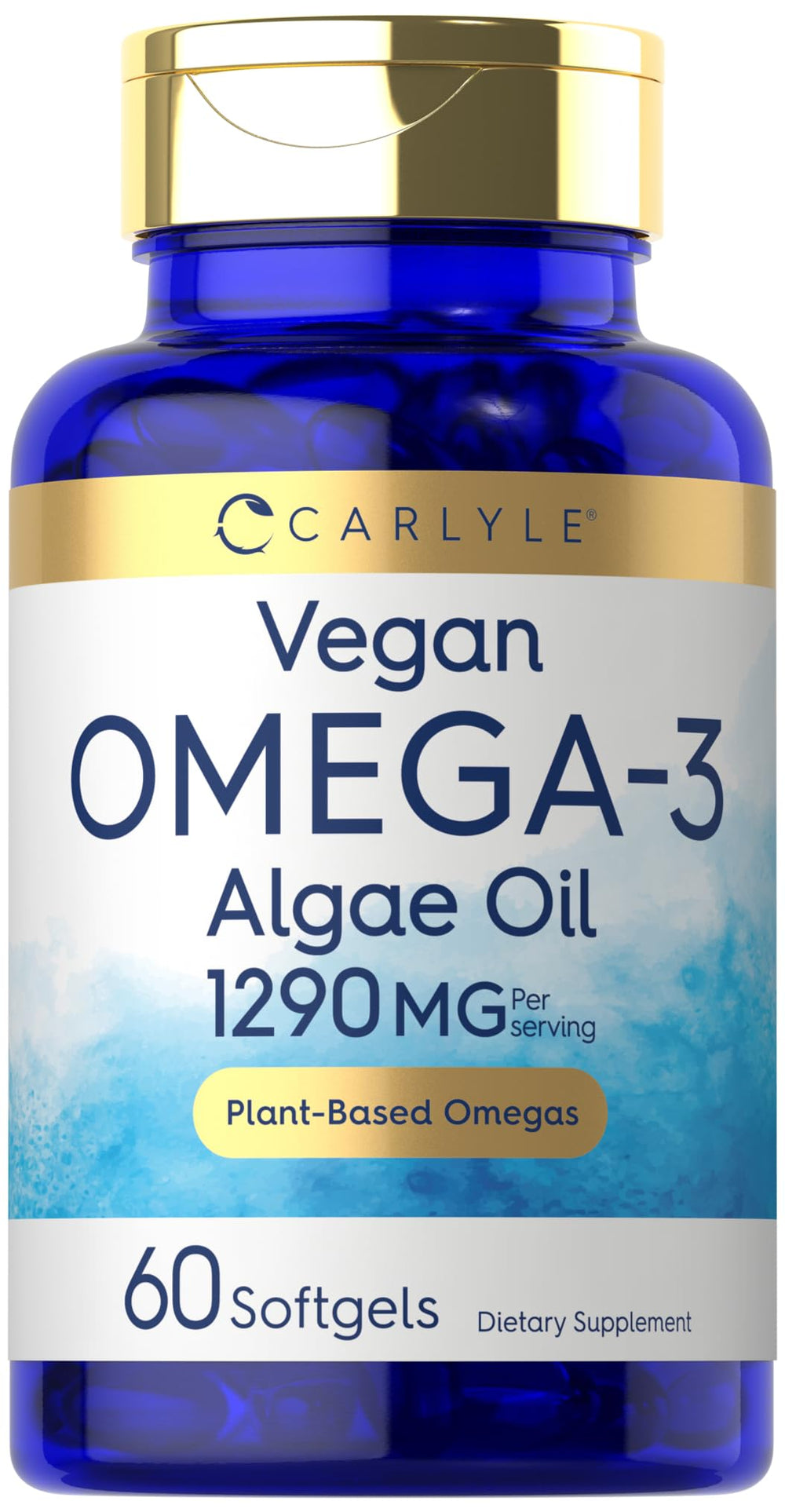 Carlyle Vegan Omega-3 softgel bottle with algae-derived DHA for vegan diets.