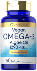 Carlyle Vegan Omega-3 softgel bottle with algae-derived DHA for vegan diets.