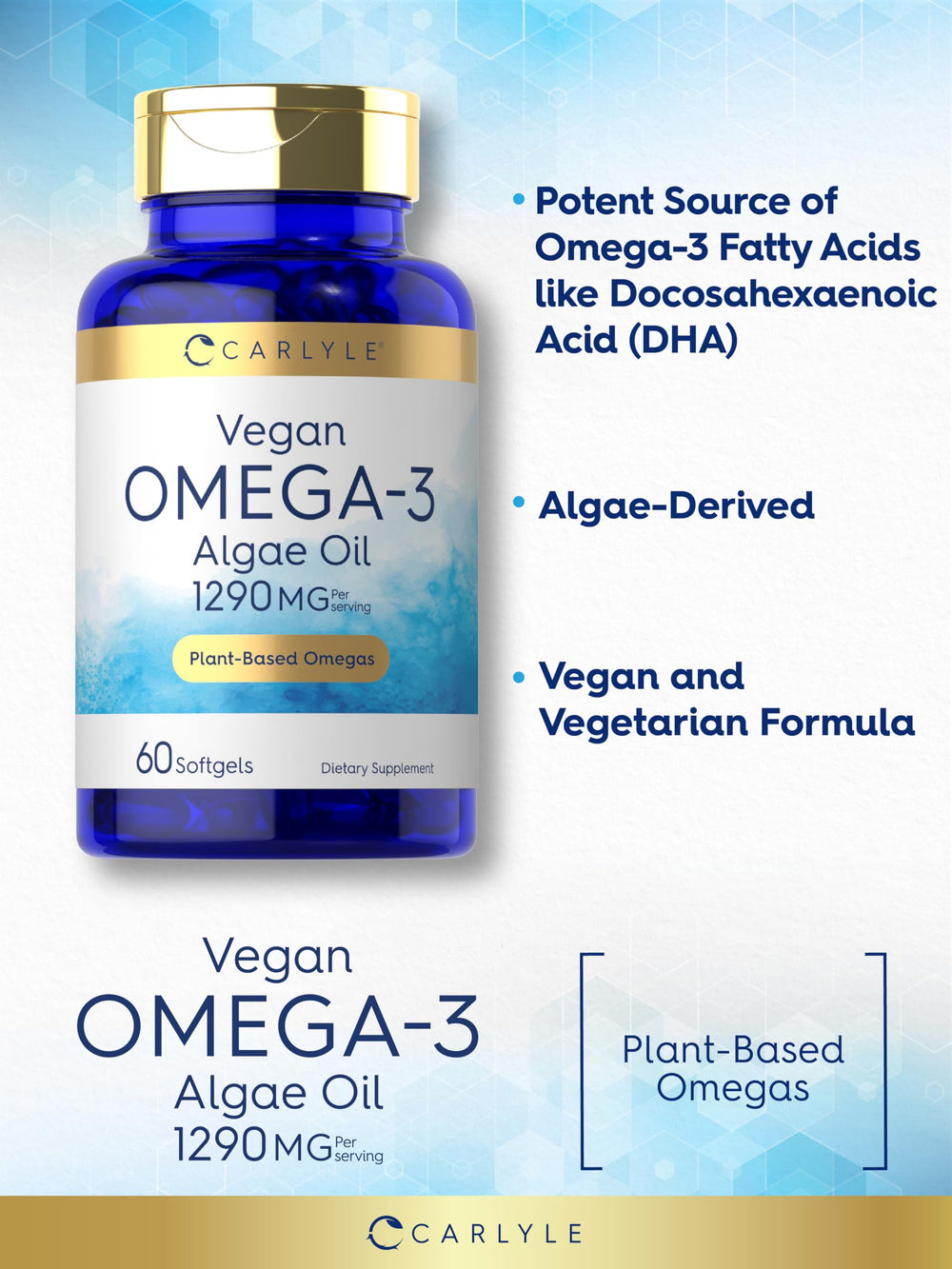 Carlyle Vegan Omega-3 softgel dispense demonstrates convenient daily use.