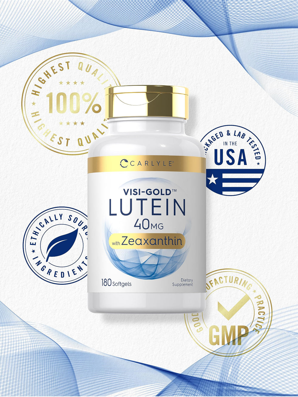 Carlyle Visi-Gold packaging with non-GMO, gluten-free icons.