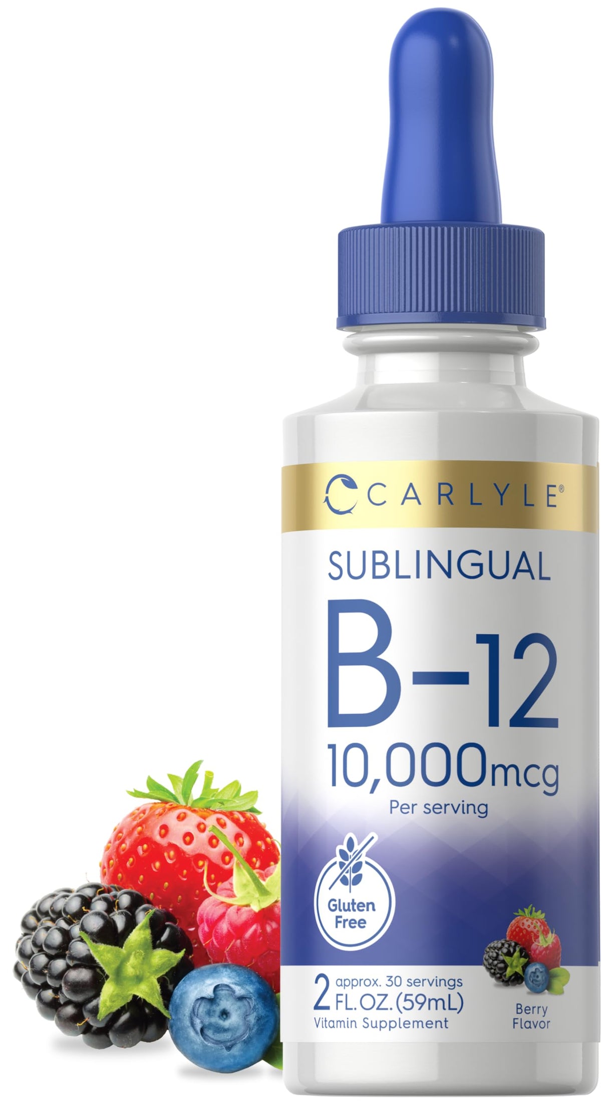 Carlyle Vitamin B12 Sublingual Liquid Drops bottle with berry flavor for easy daily energy support