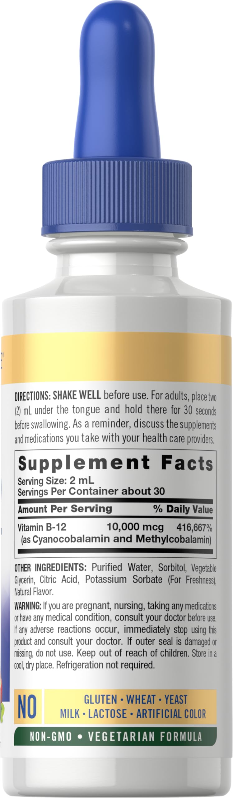Dropper dispensing berry liquid from Carlyle B12 sublingual drops, precise 10,000 mcg per serving