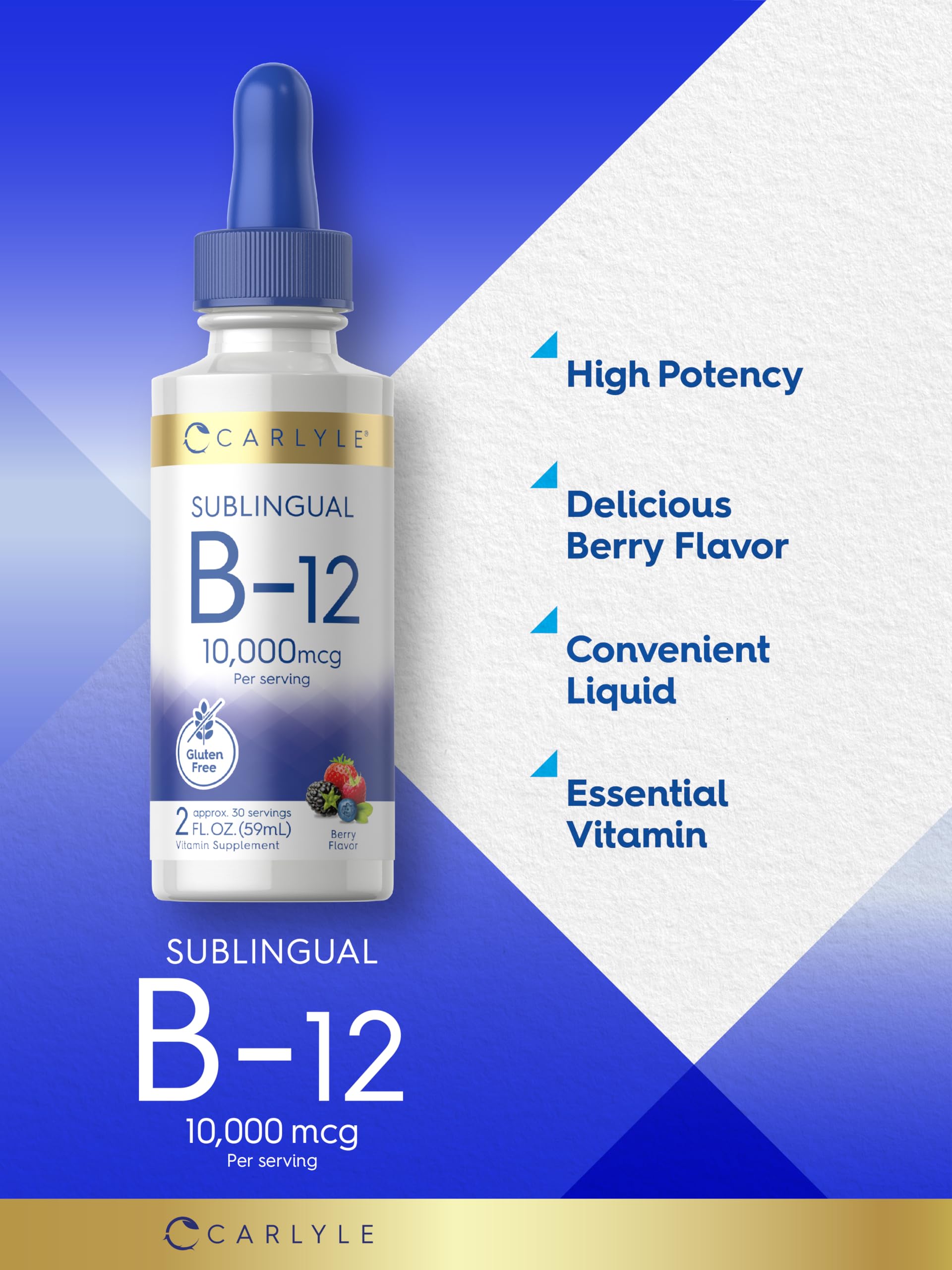 Vegetarian, gluten-free Carlyle B12 drops label highlighted, non-GMO, allergen-free formulation