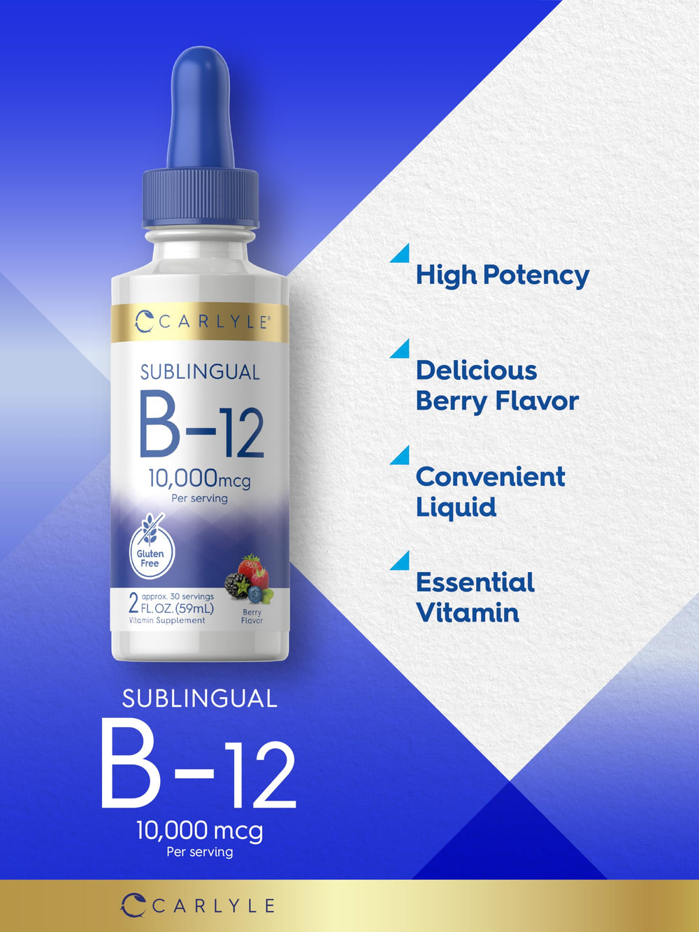 Vegetarian, gluten-free Carlyle B12 drops label highlighted, non-GMO, allergen-free formulation