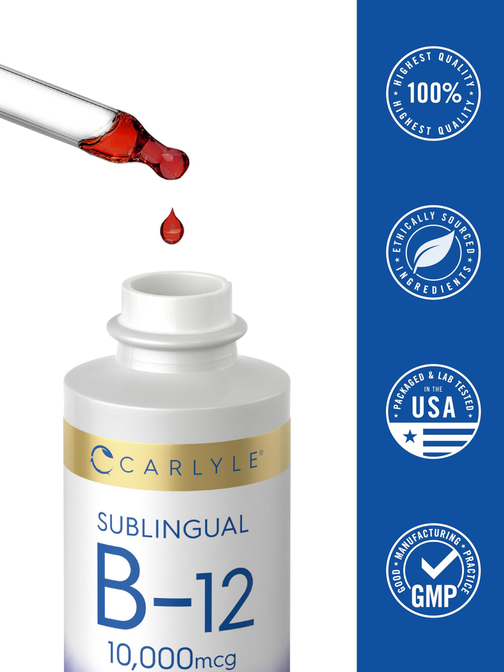 Non-GMO, gluten-free Carlyle B12 drops showcased on a wellness shelf with natural ingredients
