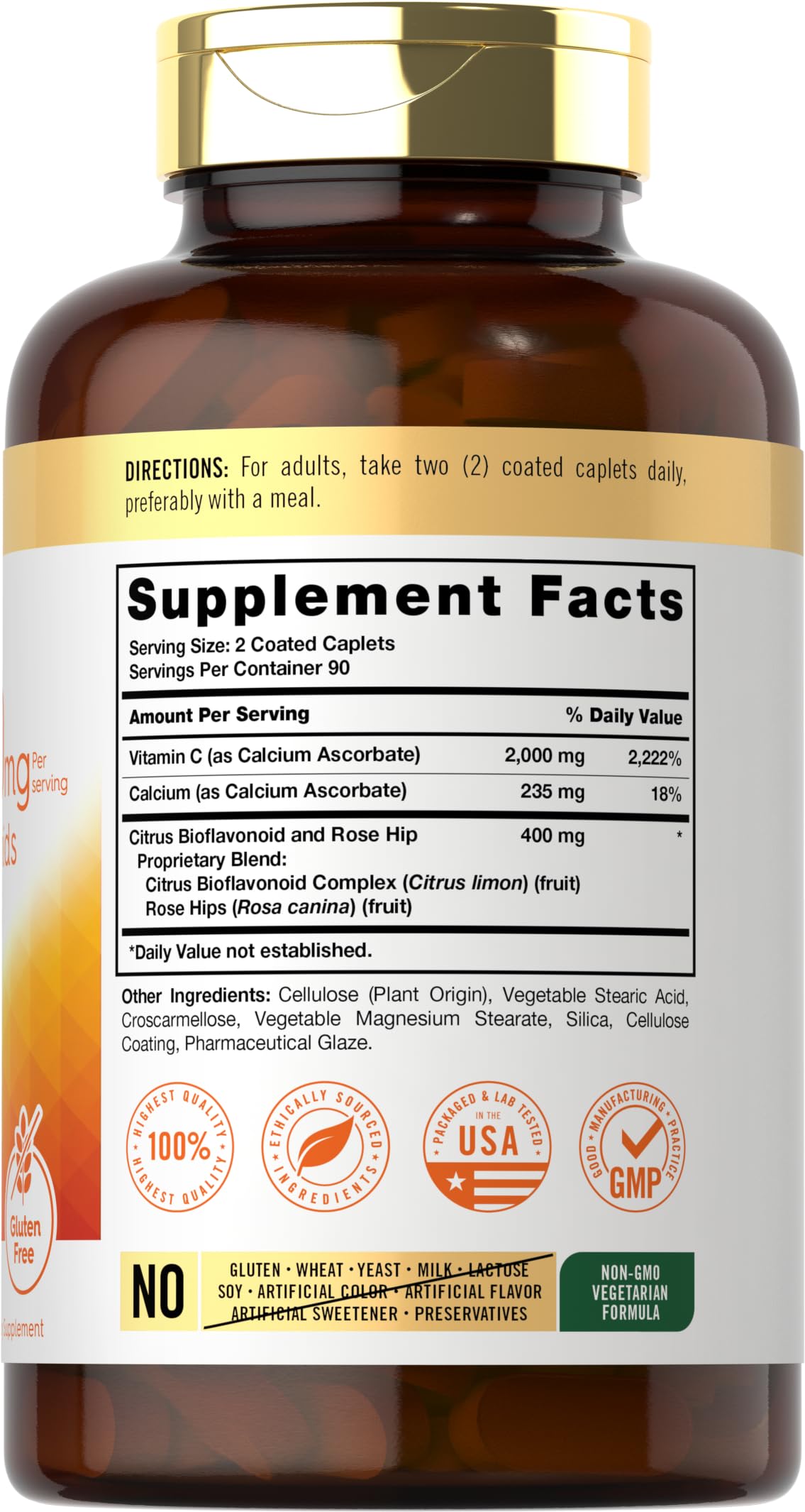 Carlyle Vitamin C caplets close-up showing smooth coating and premium quality per serving.