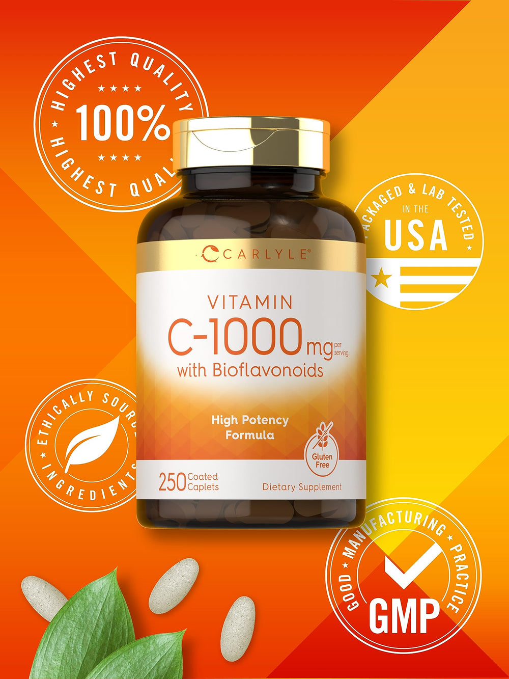 Gluten-free Carlyle Vitamin C bottle label shown
