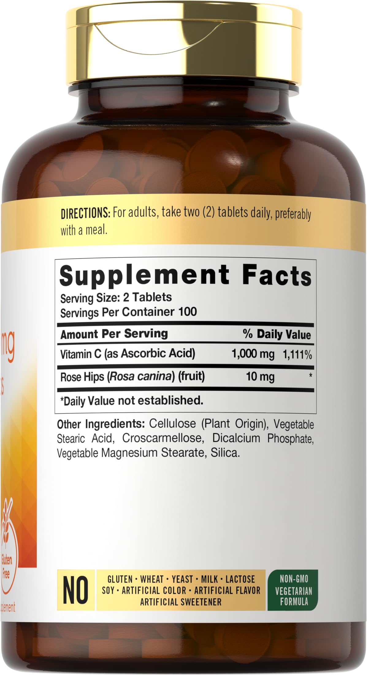 Carlyle Vitamin C 500mg rose hips bottle label highlights high potency