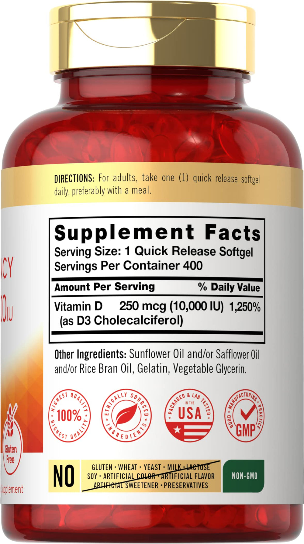Carlyle Vitamin D3 bottle back shows non-GMO and gluten-free ingredients