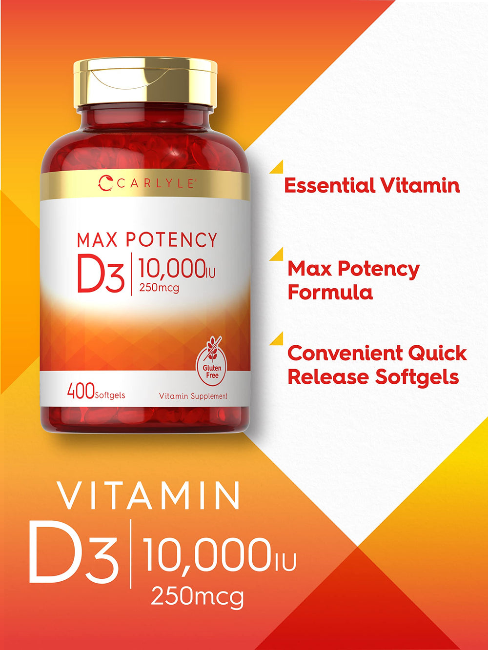 Closeup of Carlyle Vitamin D3 softgels emphasizing easy-to-swallow texture