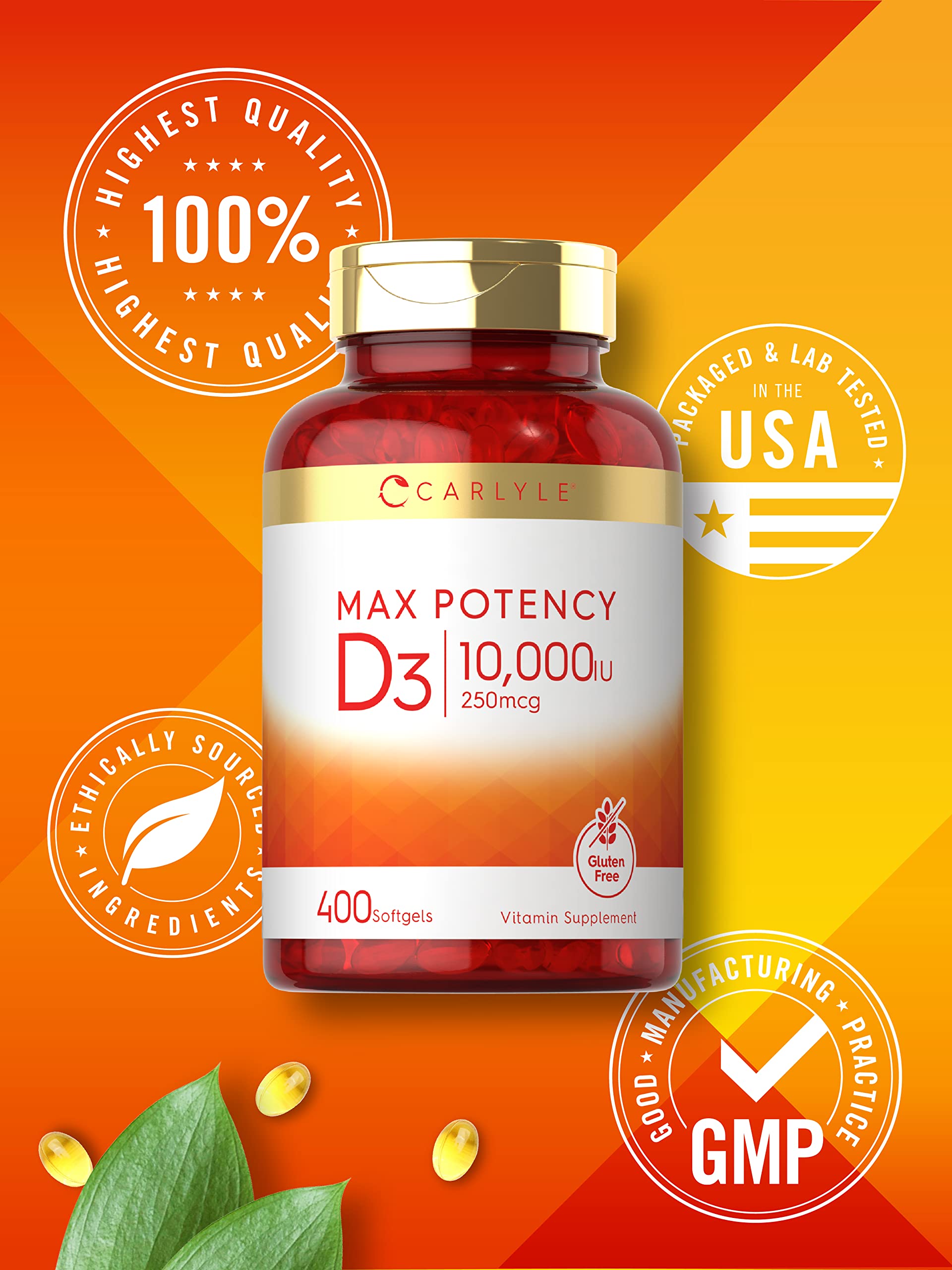Label highlights gluten-free and non-GMO assurance for Carlyle Vitamin D3