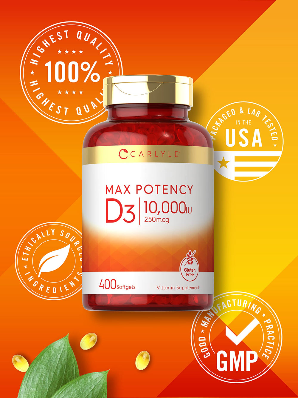 Label highlights gluten-free and non-GMO assurance for Carlyle Vitamin D3