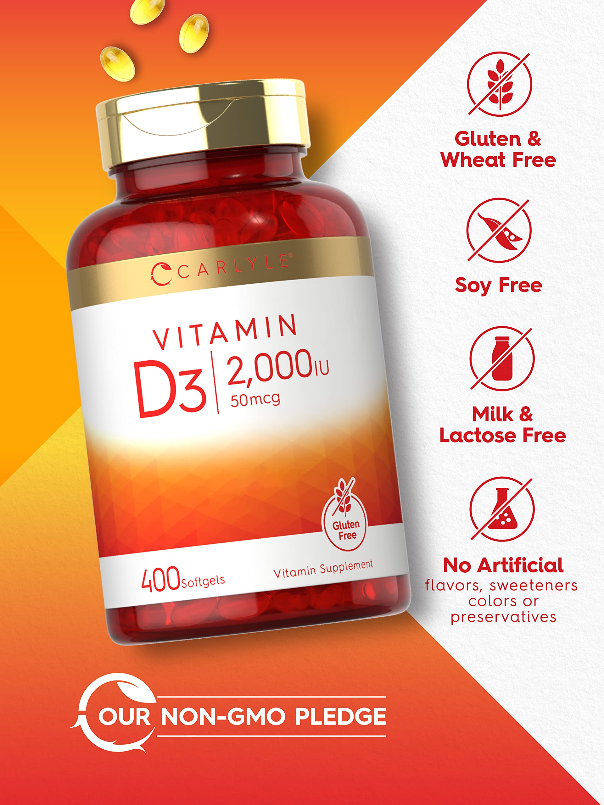 Carlyle Vitamin D3 gluten-free and non-GMO status badge on packaging