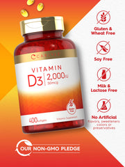 Carlyle Vitamin D3 gluten-free and non-GMO status badge on packaging