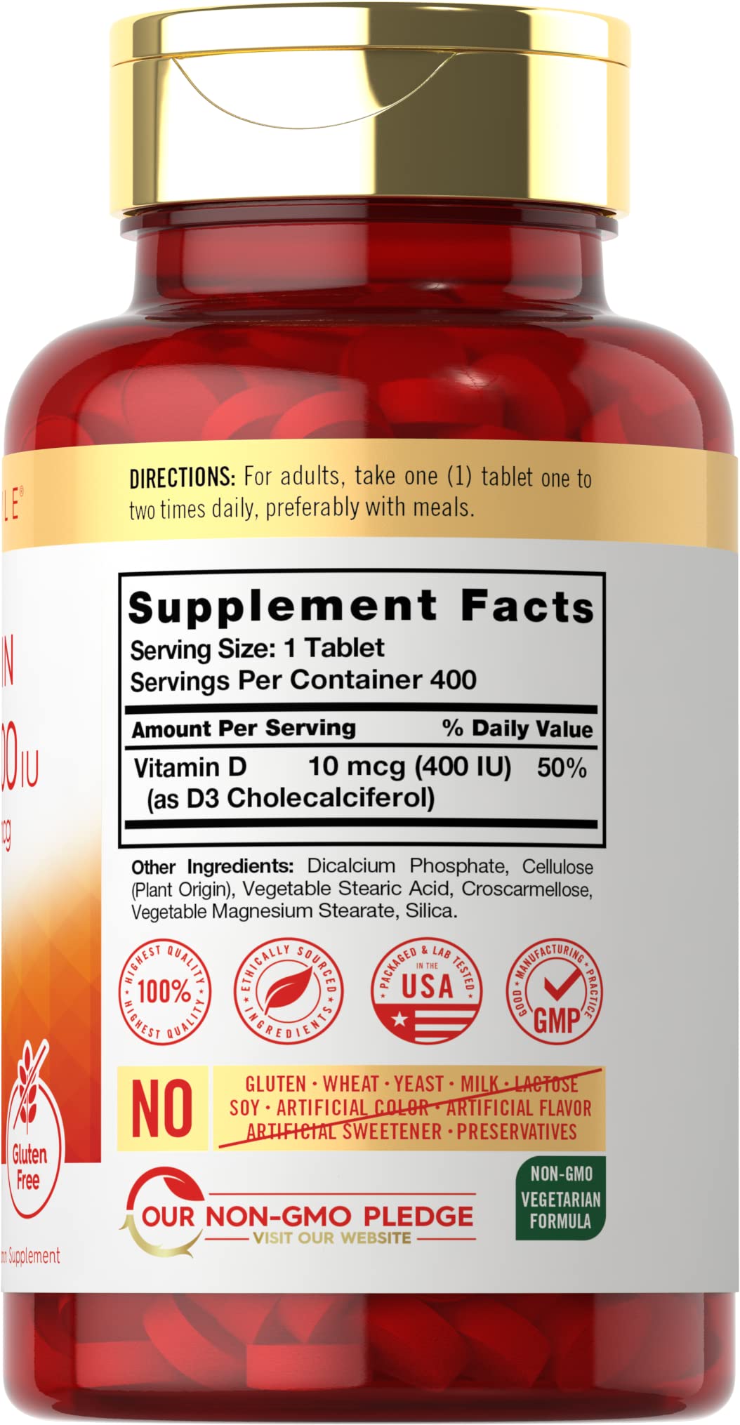 Carlyle Vitamin D3 400 IU bottle label, non-GMO, gluten-free formula.