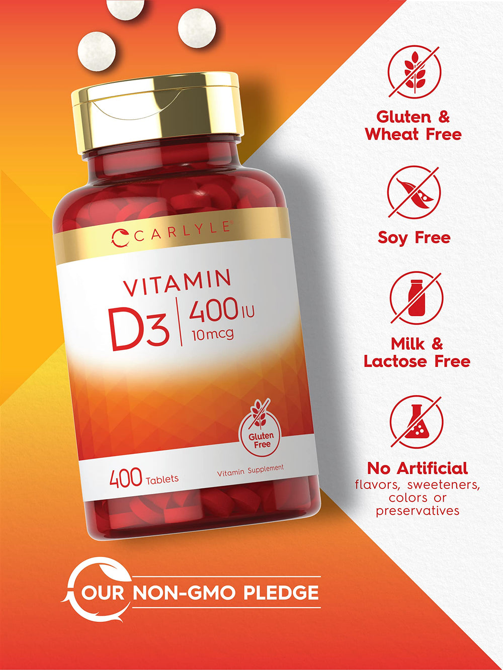 Gluten-free, non-GMO Vitamin D3 capsules from Carlyle.