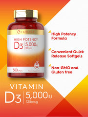 Carlyle Vitamin D3 5000 IU capsules close-up showing high potency for daily intake.