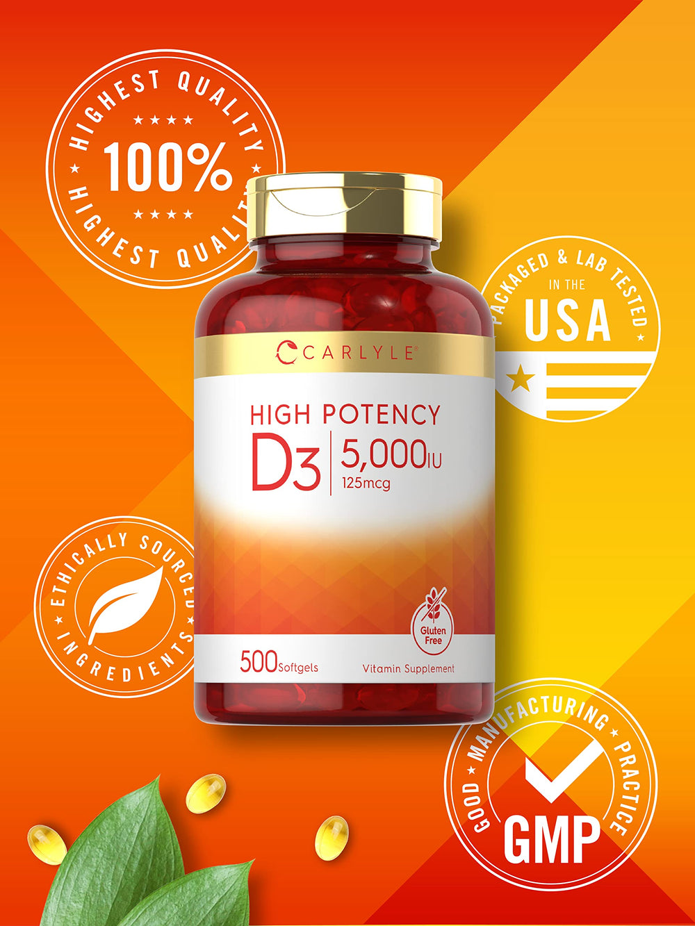 Carlyle Vitamin D3 bottle with gluten-free seal indicating clean supplement.