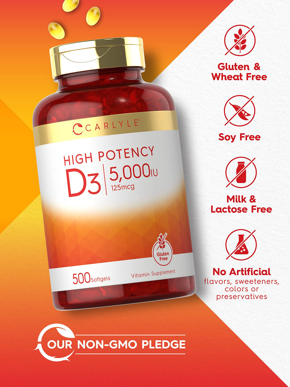 Carlyle Vitamin D3 ingredients panel emphasizes gluten-free and non-GMO ingredients.