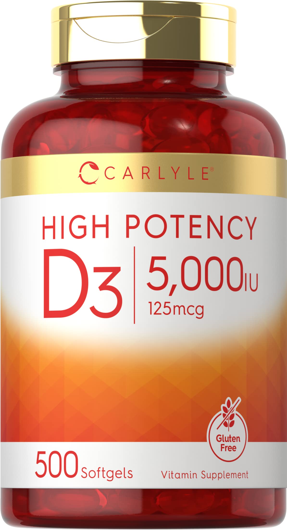 Carlyle Vitamin D3 5000 IU softgels bottle for daily, convenient sun vitamin supplementation.