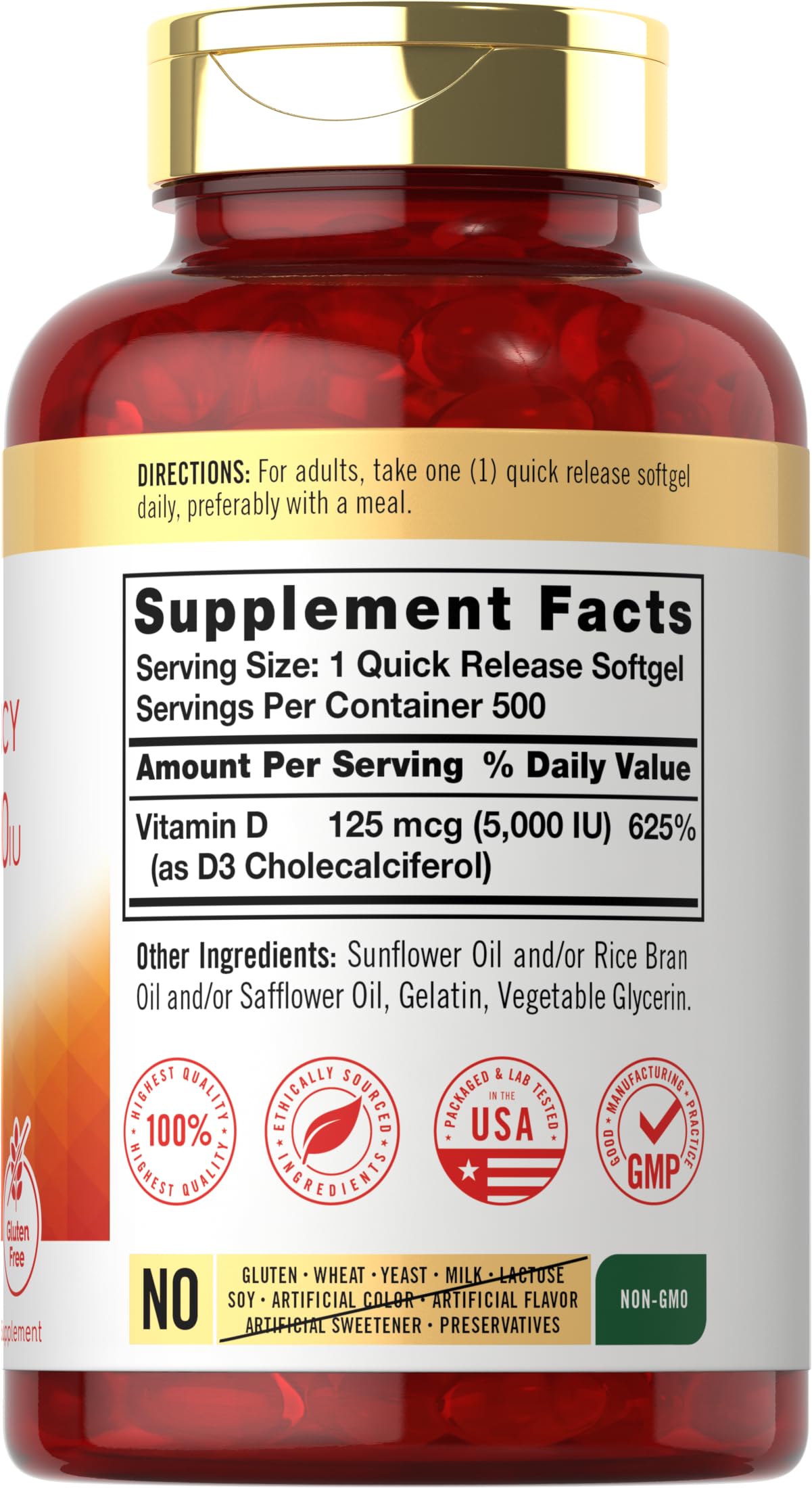 Carlyle Vitamin D3 label close-up highlighting non-GMO and gluten-free formulation.