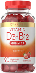 Carlyle Vitamin D3 + B12 Gummies bottle with strawberry flavor for daily wellness.