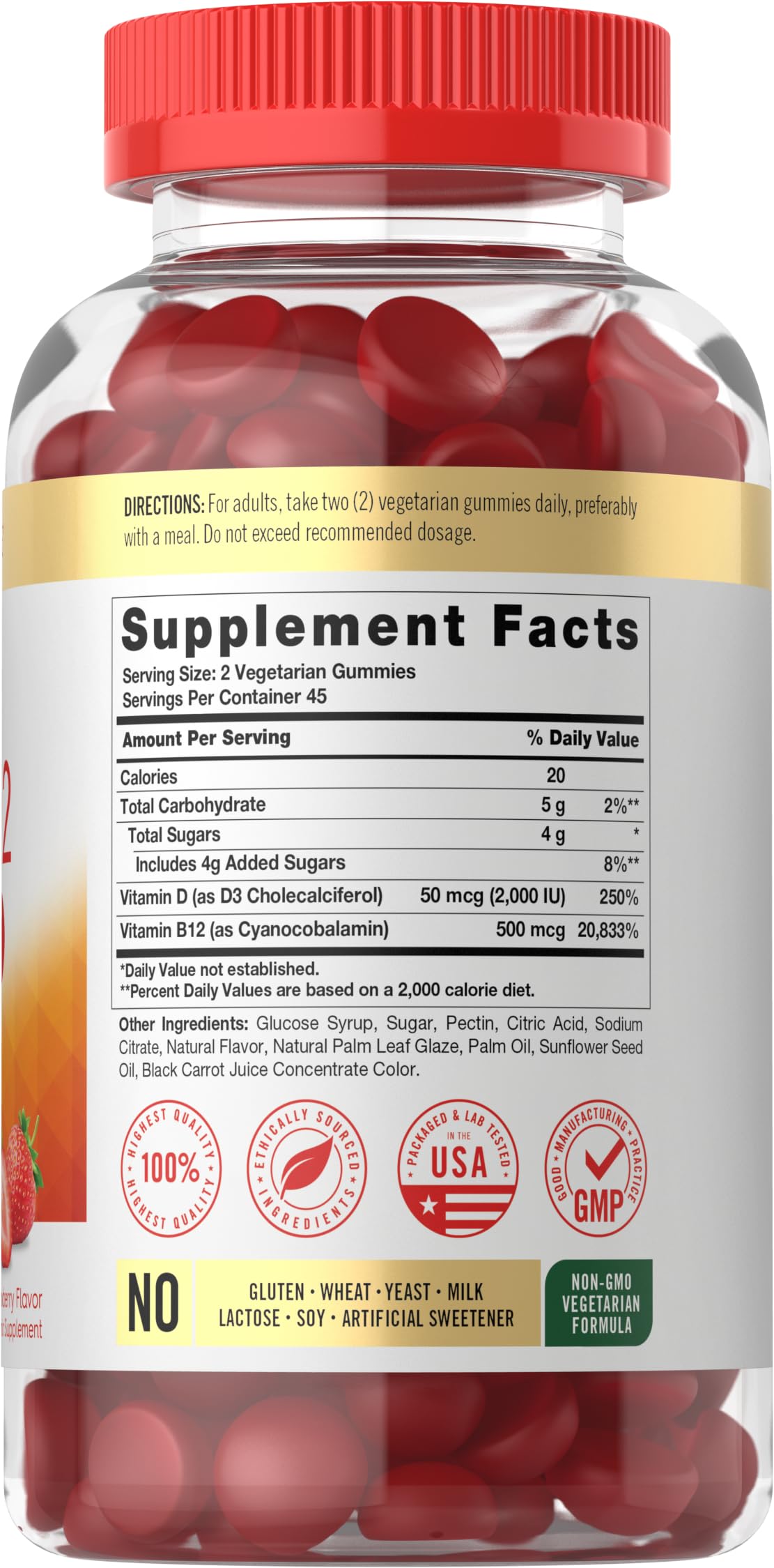 Carlyle gummies serving image shows 50 mcg D3 and 500 mcg B12 per serving.