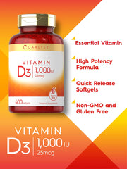 Carlyle Vitamin D3 bottle label highlighting non-GMO and gluten-free formula