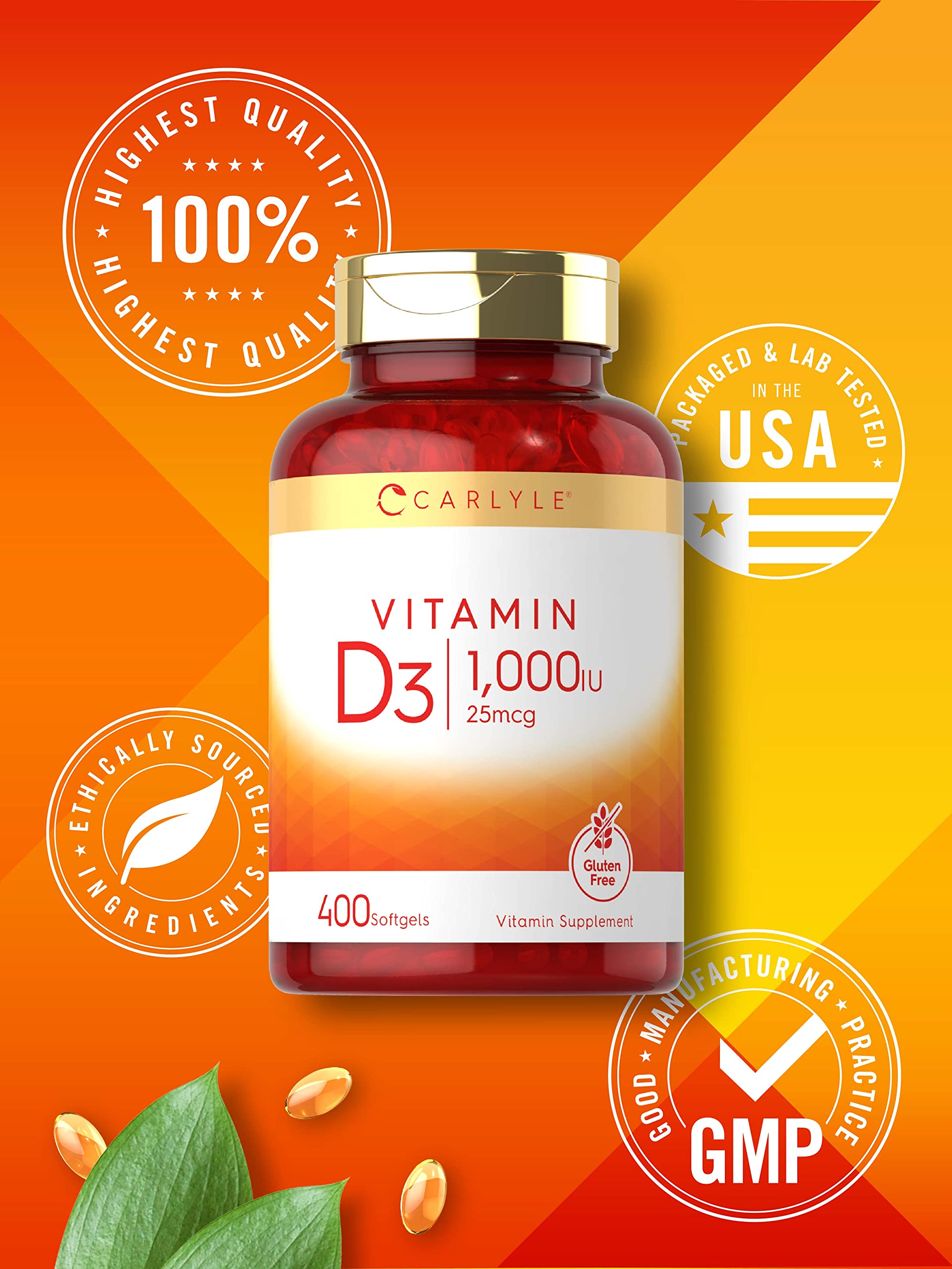 Carlyle Vitamin D3 packaging sleeve noting 400 softgels per bottle