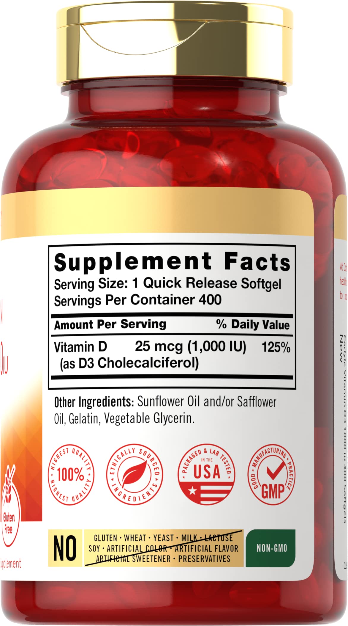 Carlyle Vitamin D3 softgels close-up showing easy-to-swallow capsules