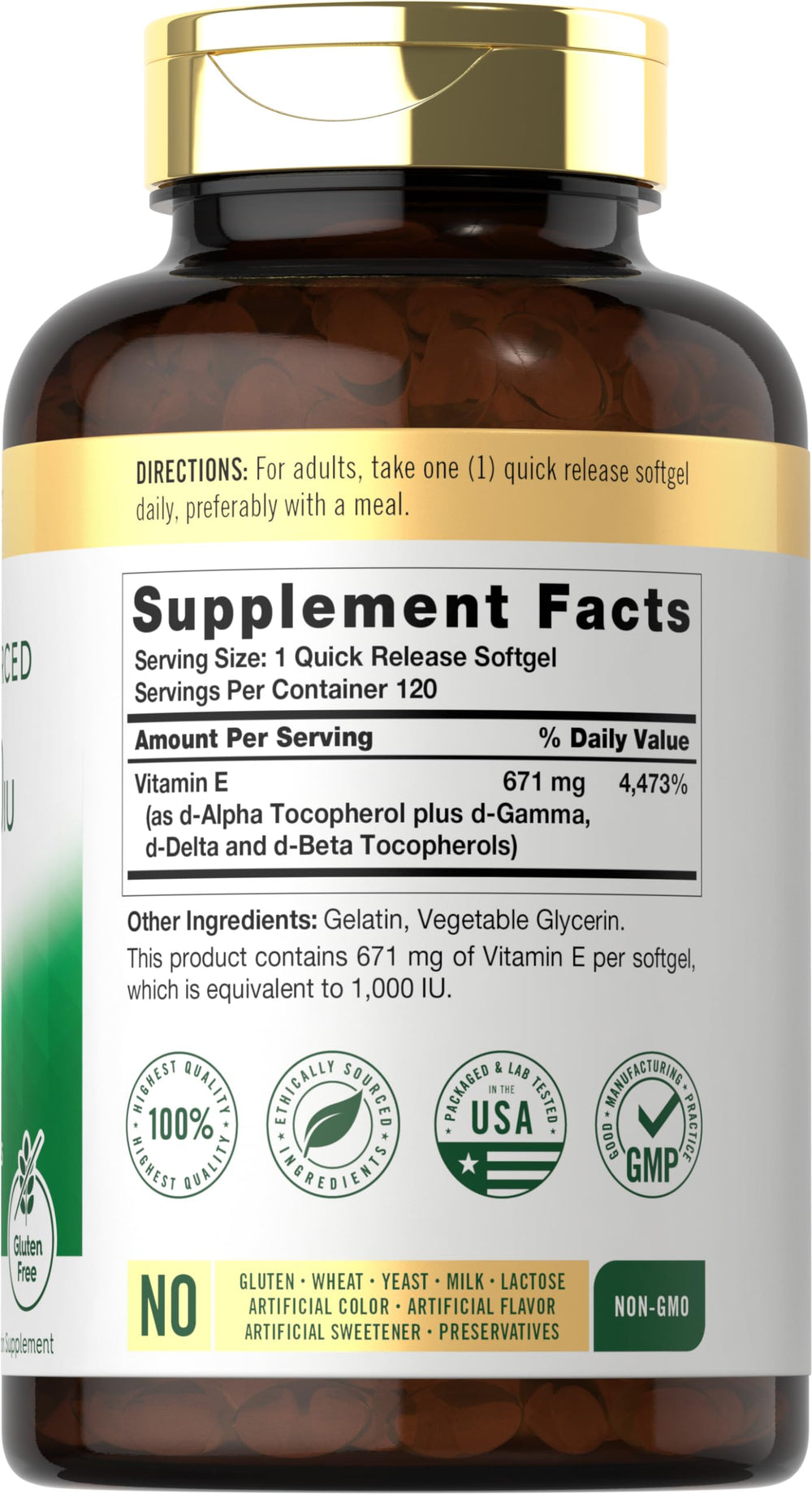 Carlyle Vitamin E 1000 IU softgel pour displays easy daily supplementation.