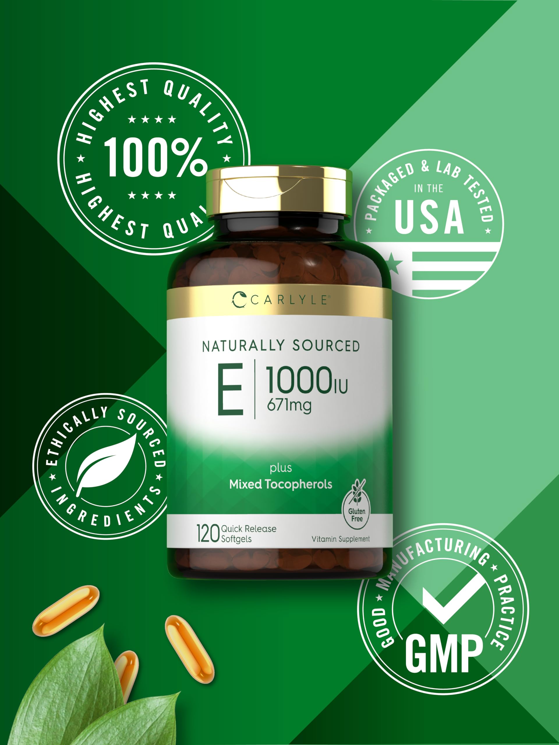 Carlyle Vitamin E 1000 IU glass bottle on desk suggests daily wellness.
