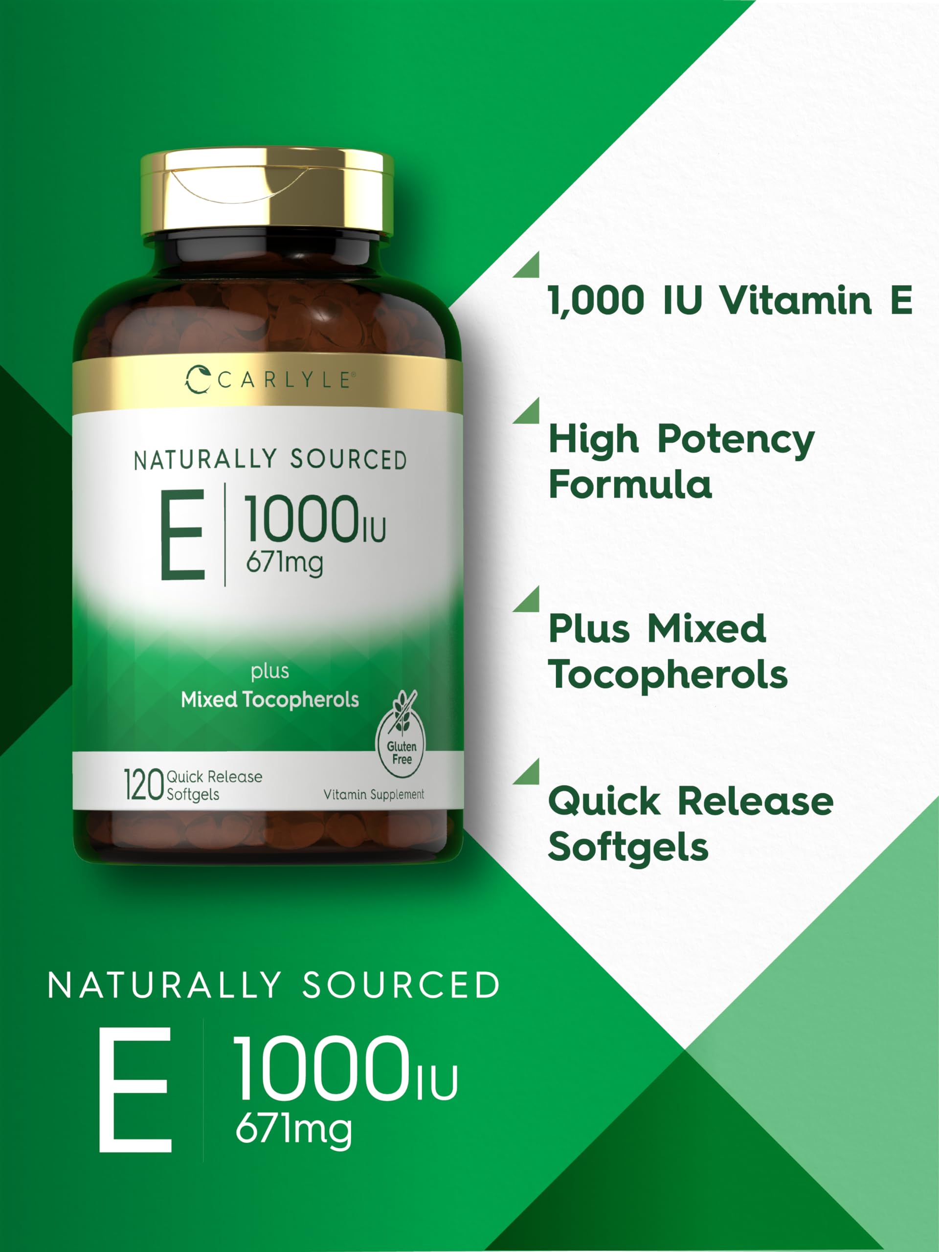 Carlyle Vitamin E 1000 IU packaging highlights gluten-free and non-GMO formula.