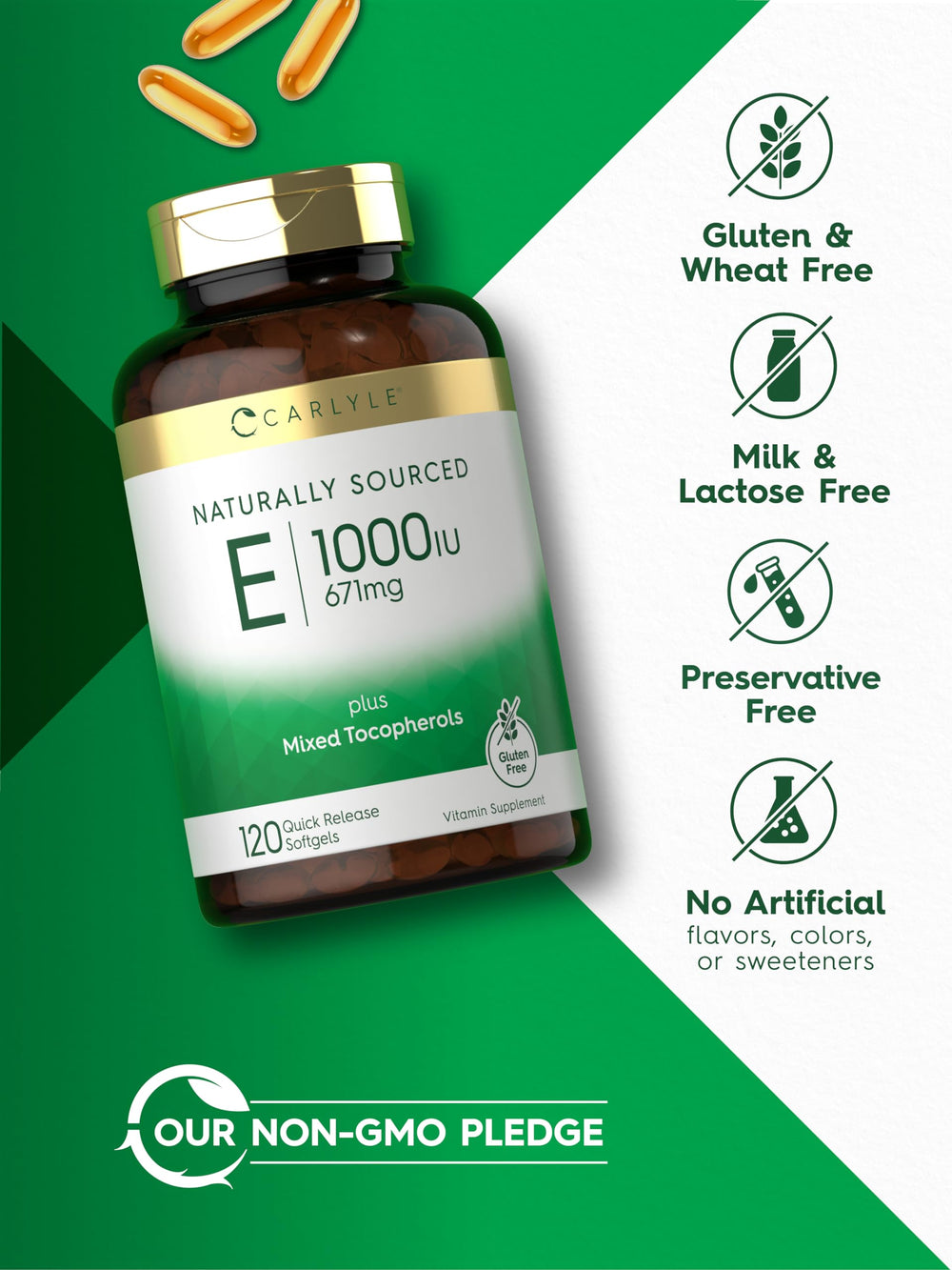 Carlyle Vitamin E 1000 IU softgel ingredients panel signals trusted sourcing.