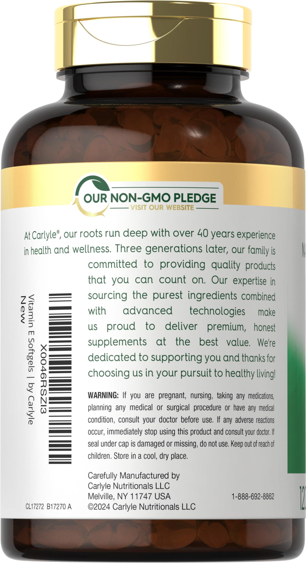Carlyle Vitamin E 1000 IU label close-up shows mixed tocopherols and quality.