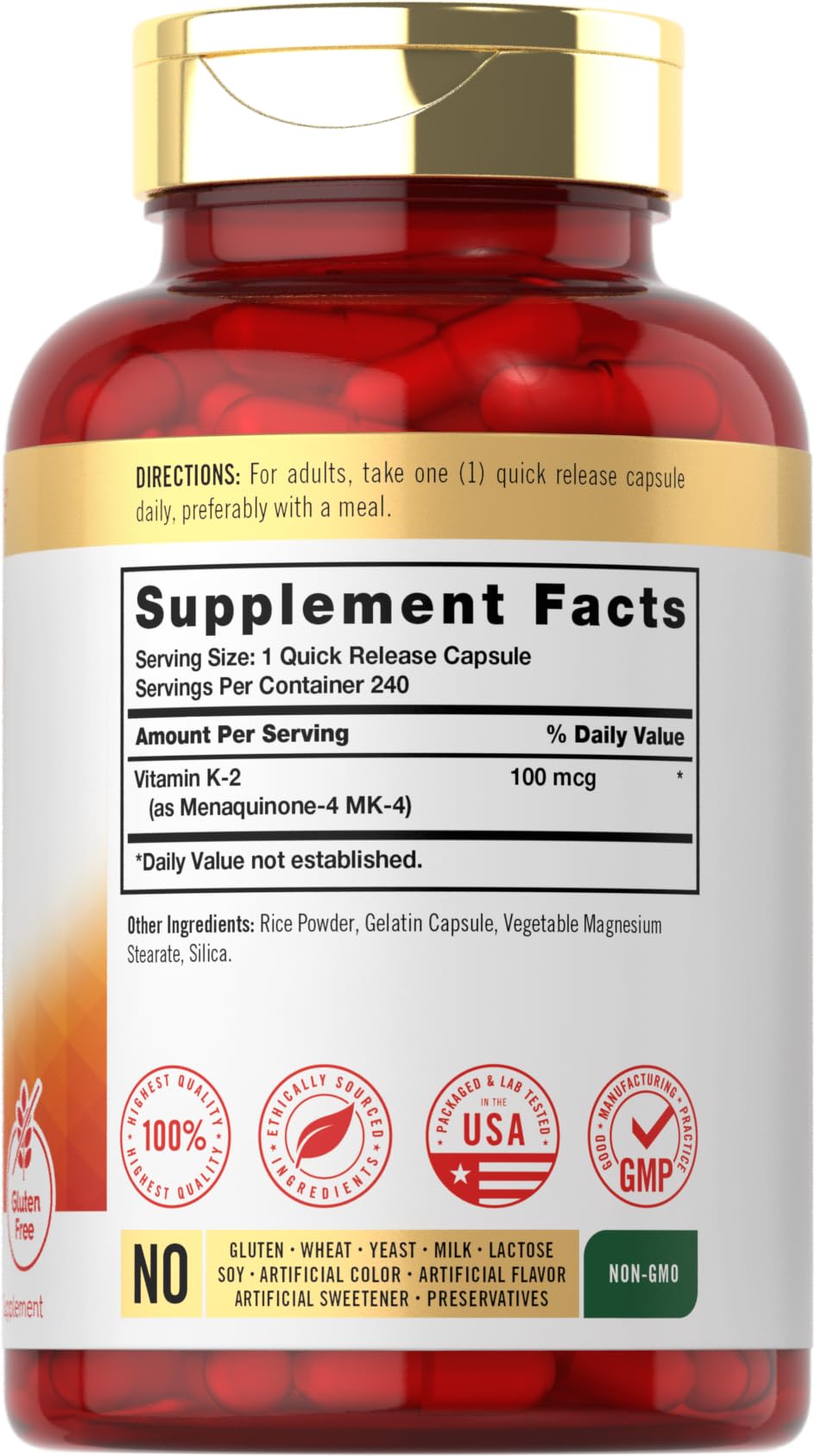 Carlyle Vitamin K2 100 mcg bottle cap close-up for easy dosing