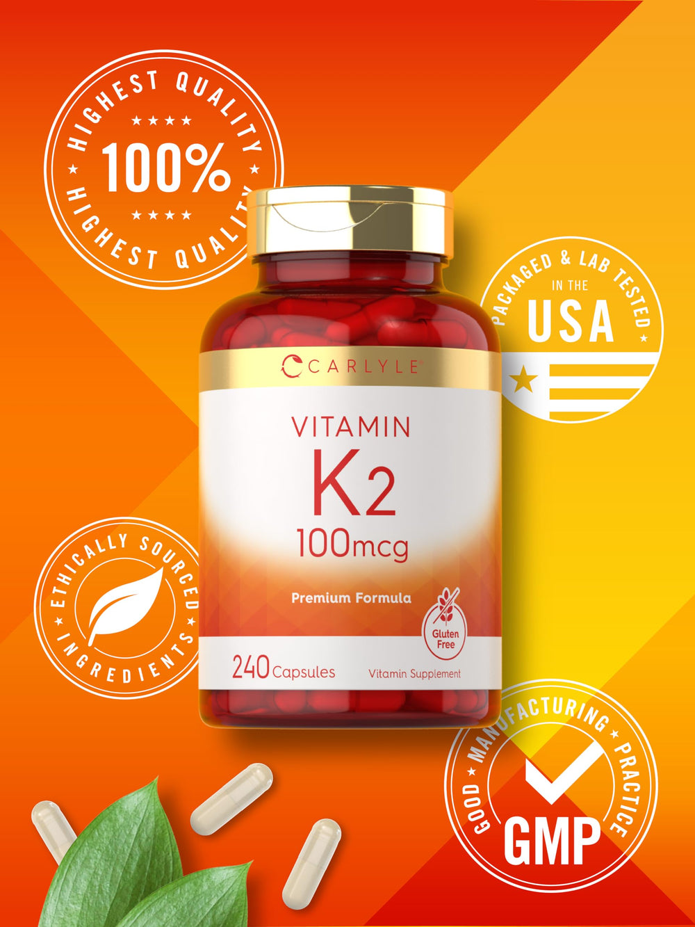 Carlyle Vitamin K2 100 mcg gluten-free badge on packaging