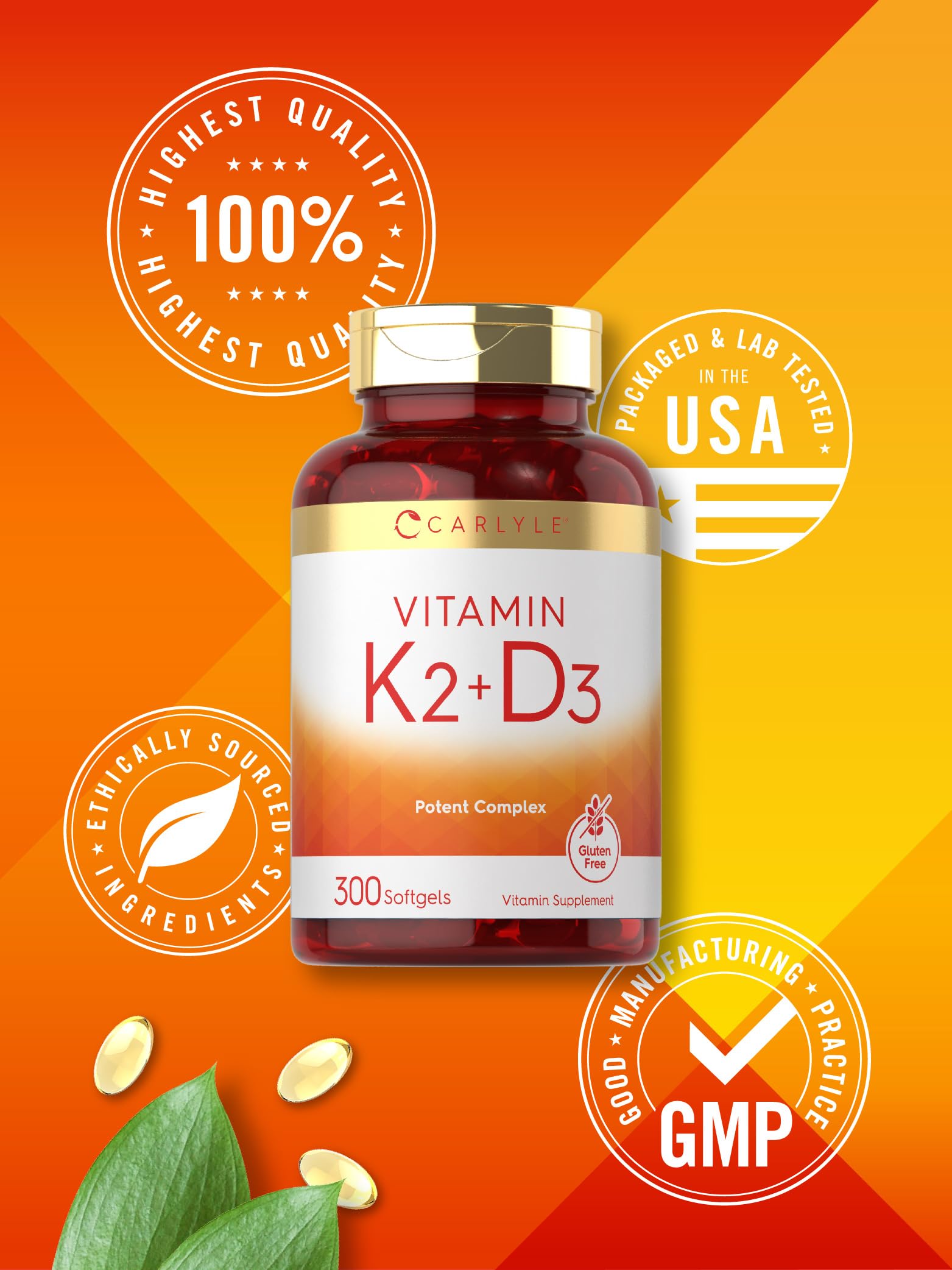 Ingredients panel on Carlyle K2 D3 bottle provides transparency.