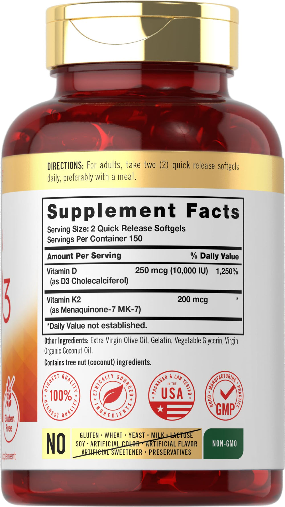 Carlyle K2 D3 softgels label close-up highlighting ingredients.