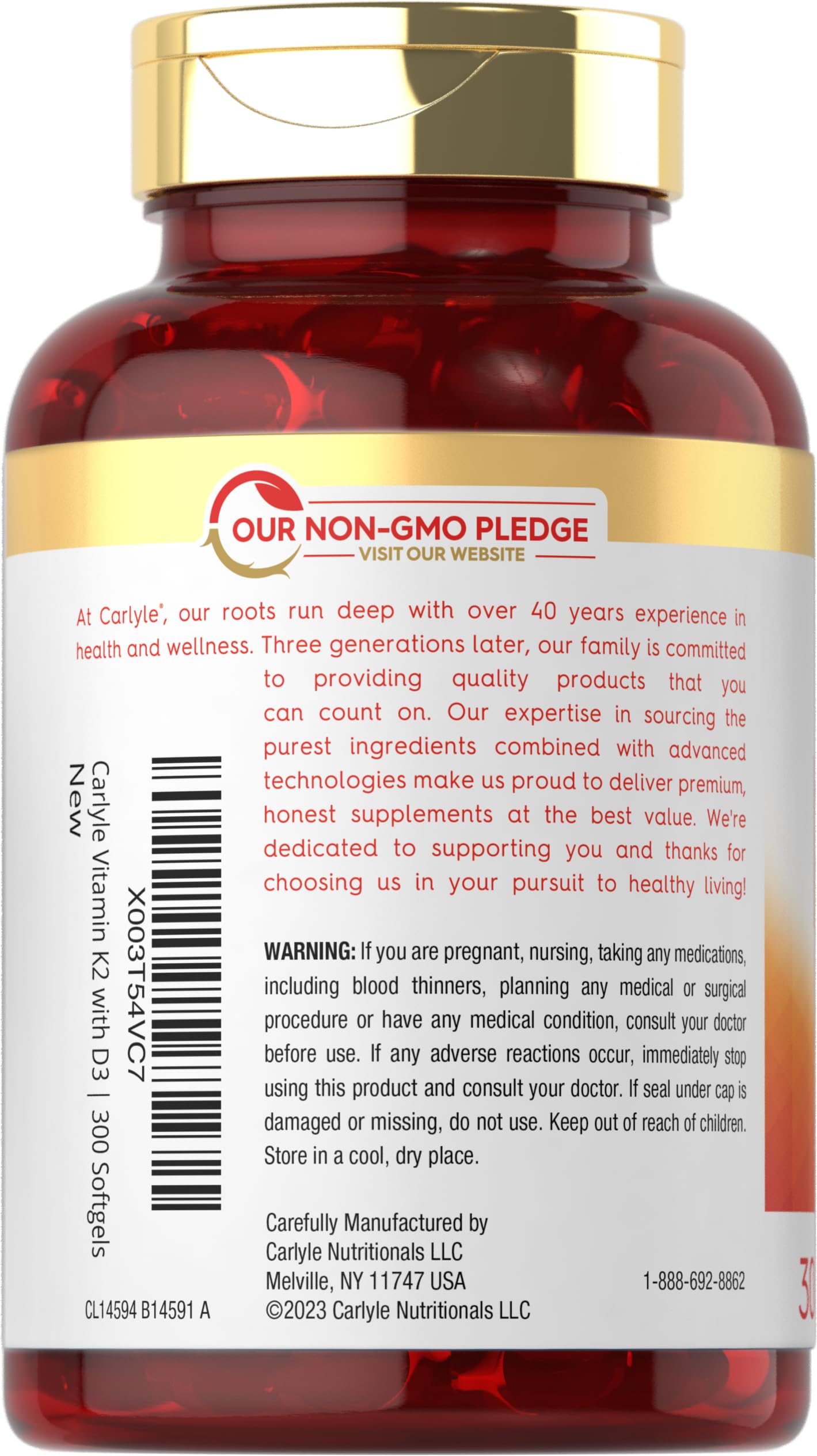 Carlyle Vitamin K2 D3 softgels being poured from bottle for daily use.