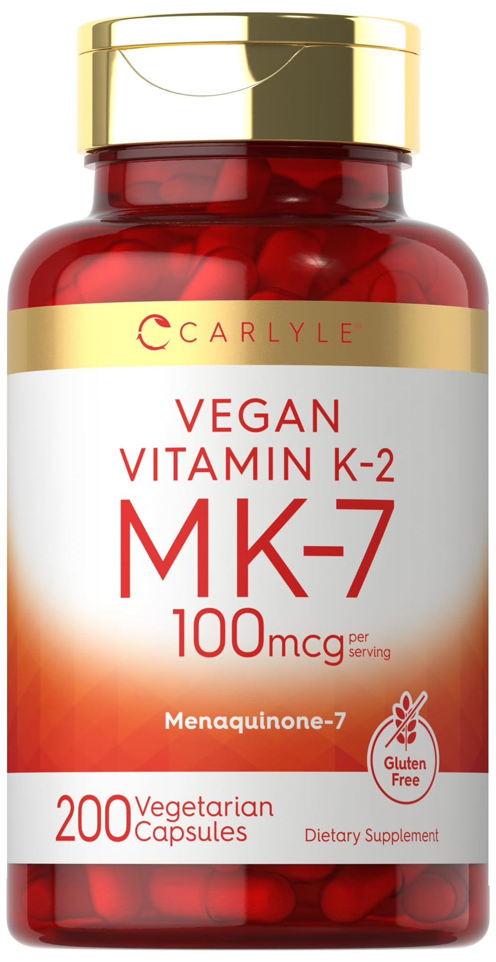 Carlyle Vitamin K2 MK-7 bottle shows a 100 mcg dose for daily support.