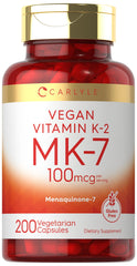 Carlyle Vitamin K2 MK-7 bottle shows a 100 mcg dose for daily support.