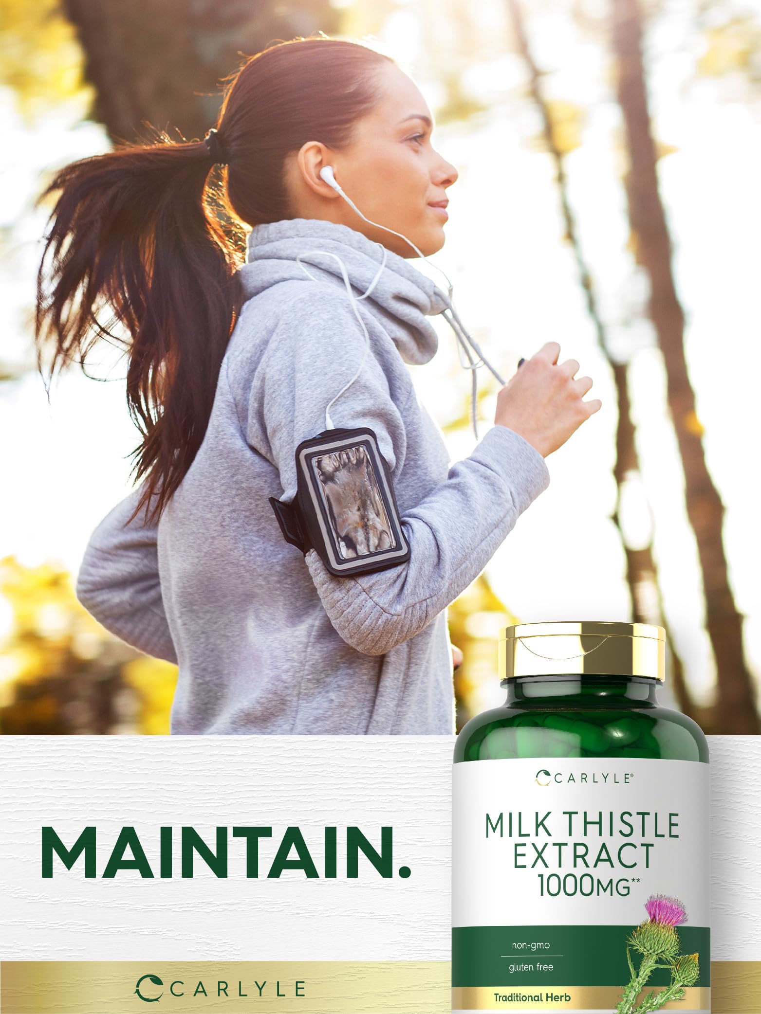 Carlyle wellness bottle on kitchen counter, ready to complement a daily health routine.