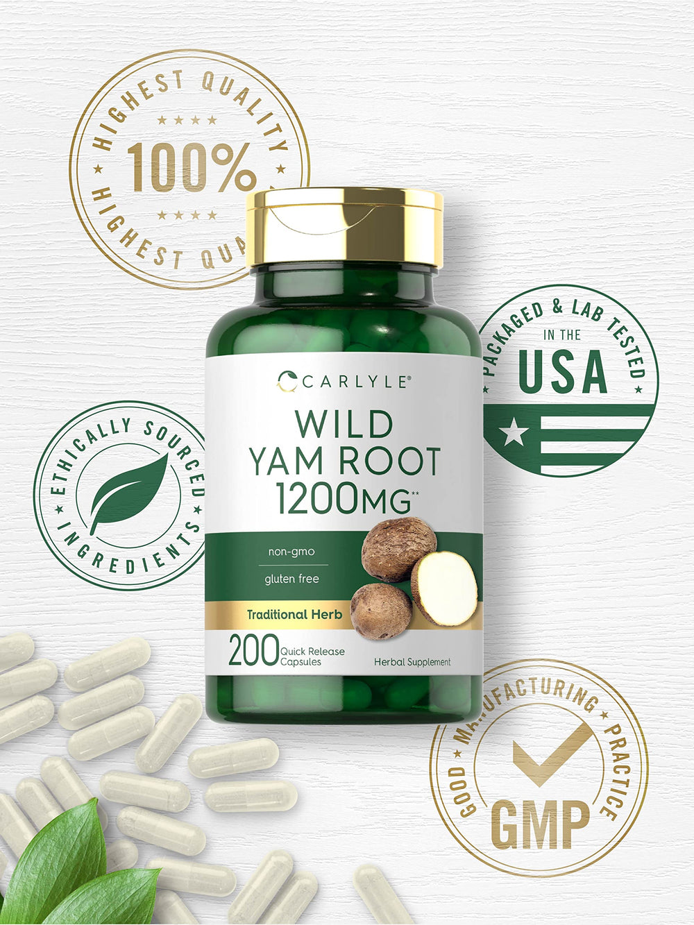 Carlyle Wild Yam Root Capsules gluten-free badge shown on packaging.