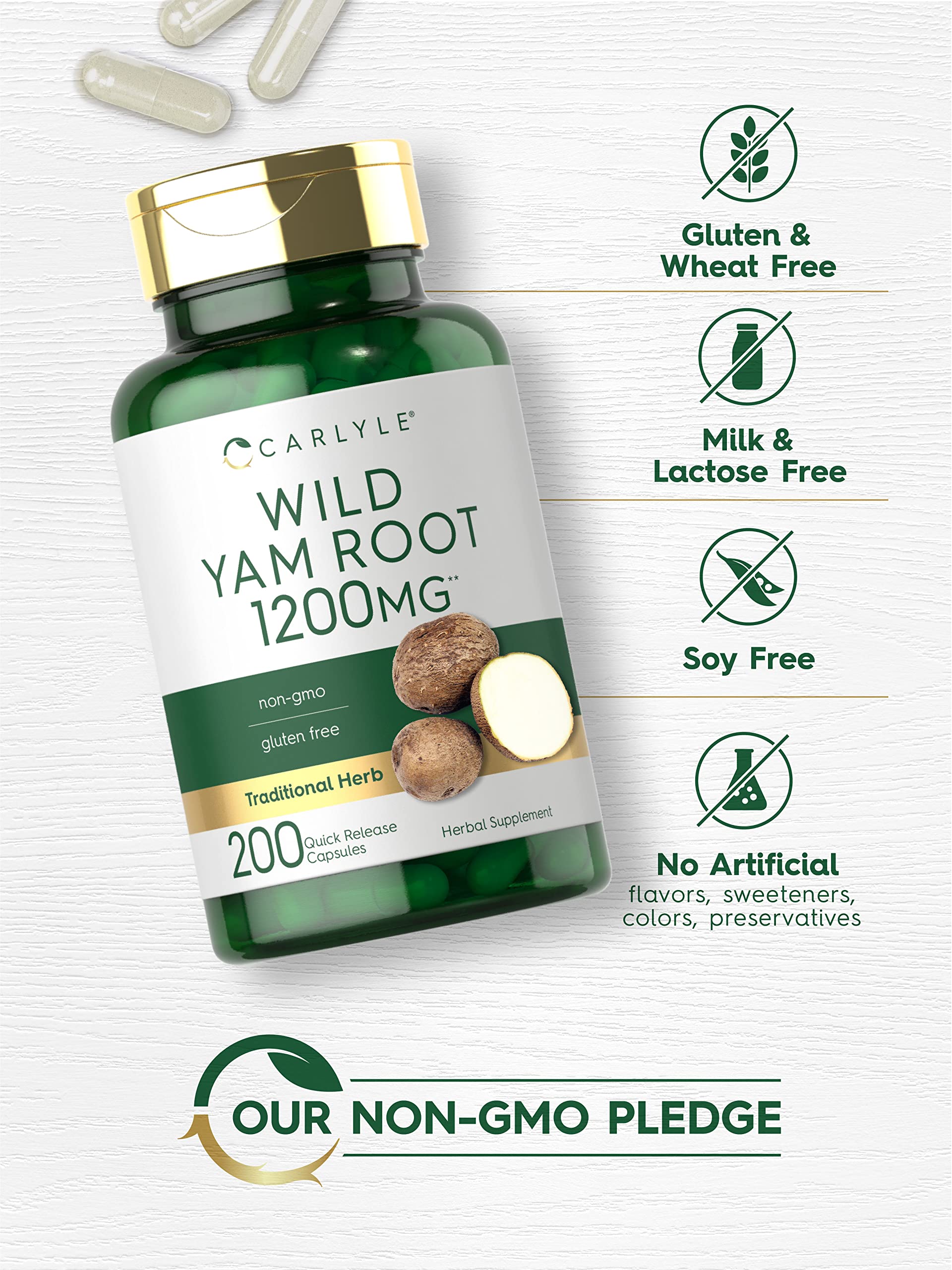 Carlyle Wild Yam Root Capsules label with ingredient information and quality marks.