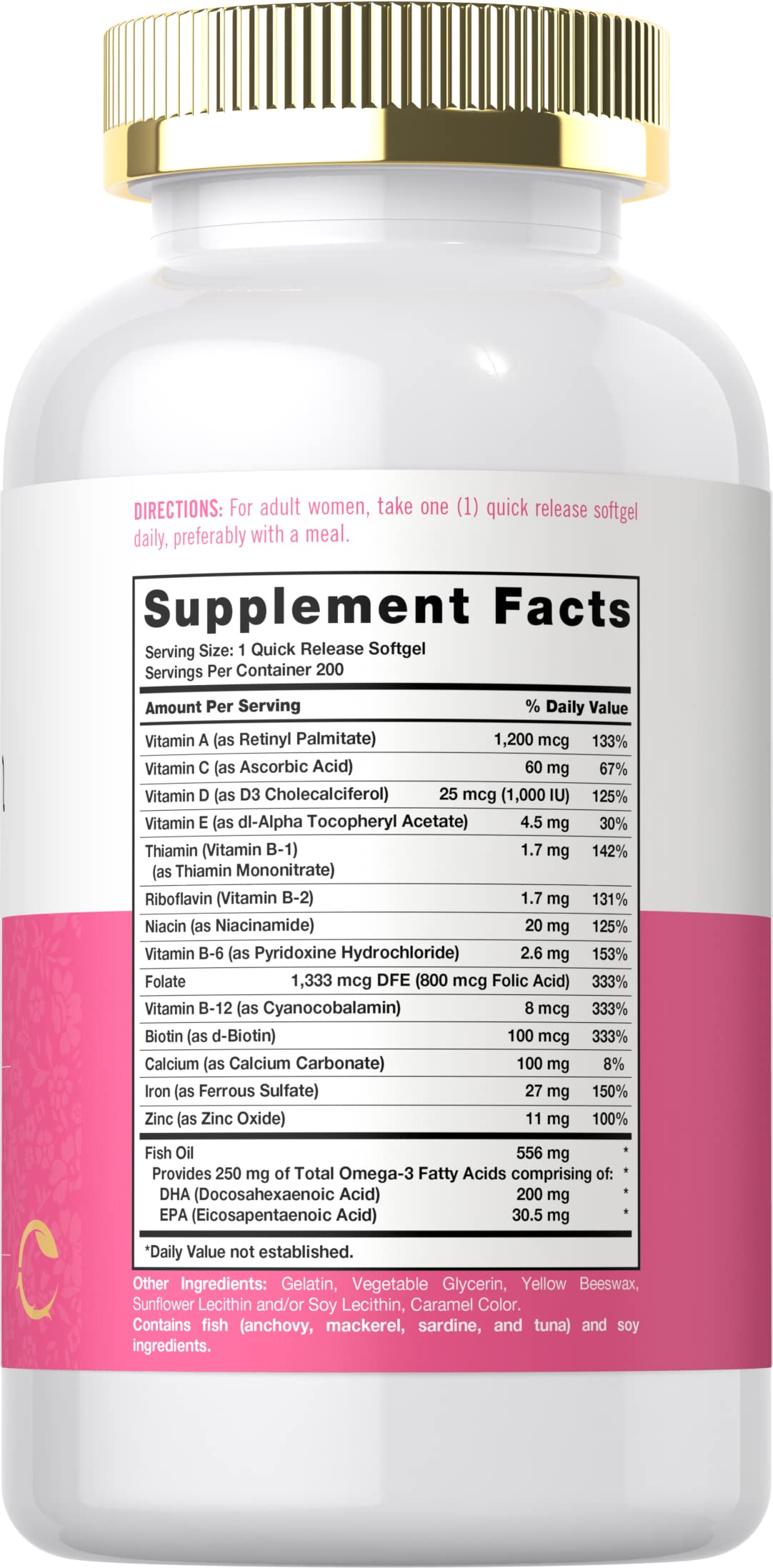 Carlyle Women’s Multivitamin with Iron label close-up highlighting ingredients