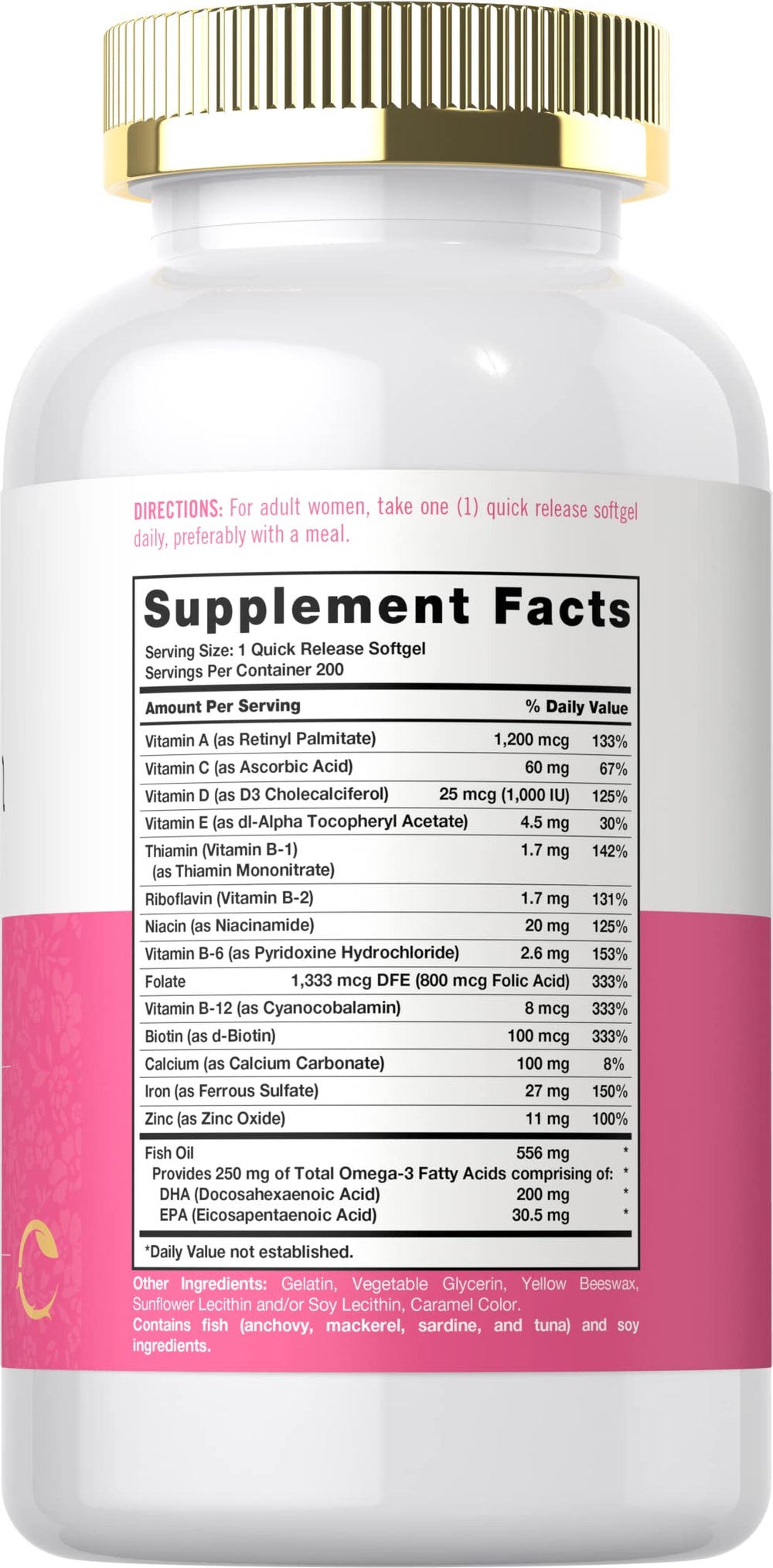 Carlyle Women’s Multivitamin with Iron label close-up highlighting ingredients