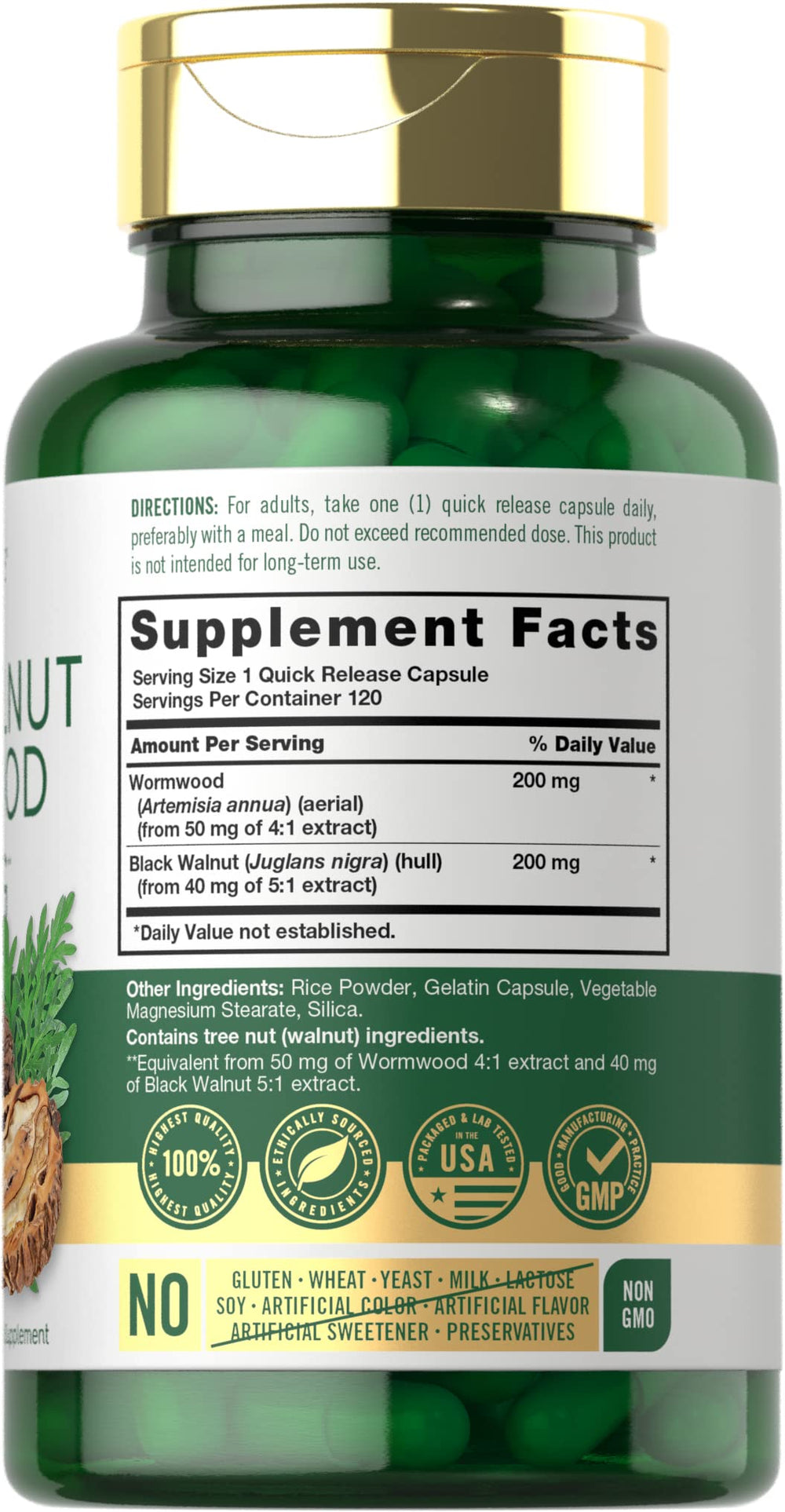 Carlyle Wormwood Black Walnut ingredient list—natural herbal components.
